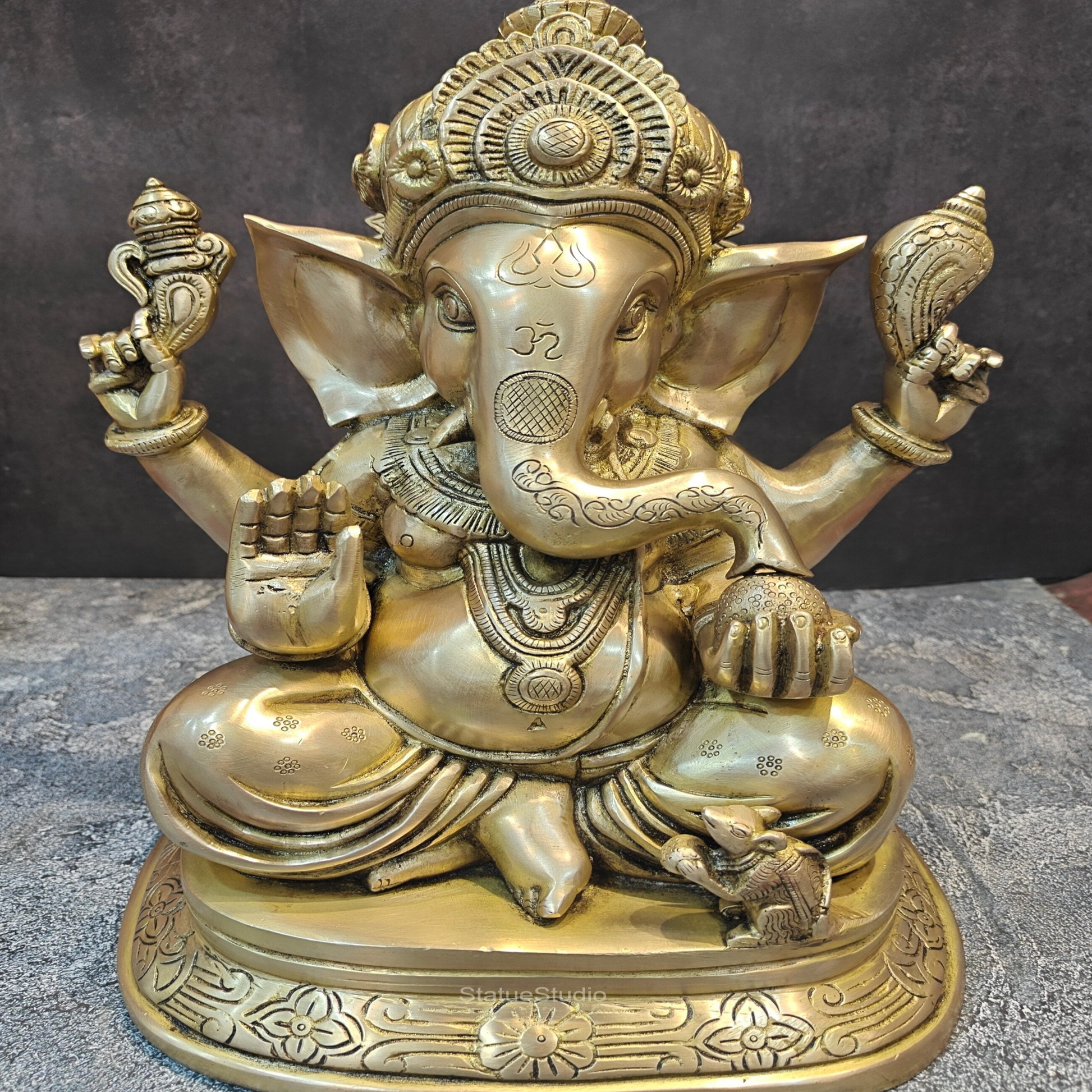 Brass Ganesha Idol Sitting on Base Handcrafted 16 Inches - Image 2