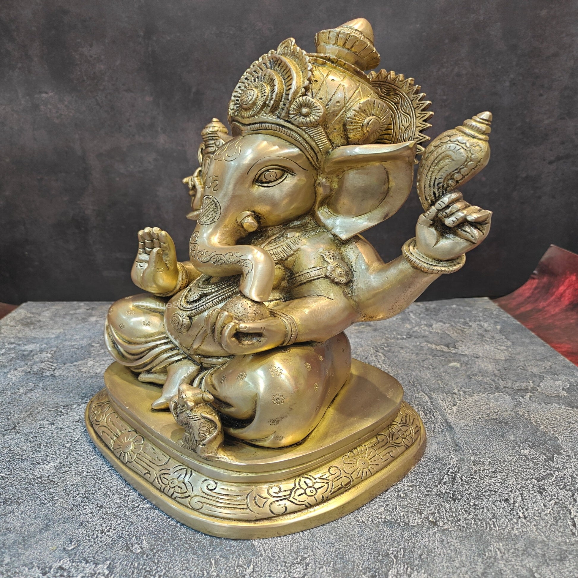 Brass Ganesha Idol Sitting on Base Handcrafted 16 Inches - Image 6