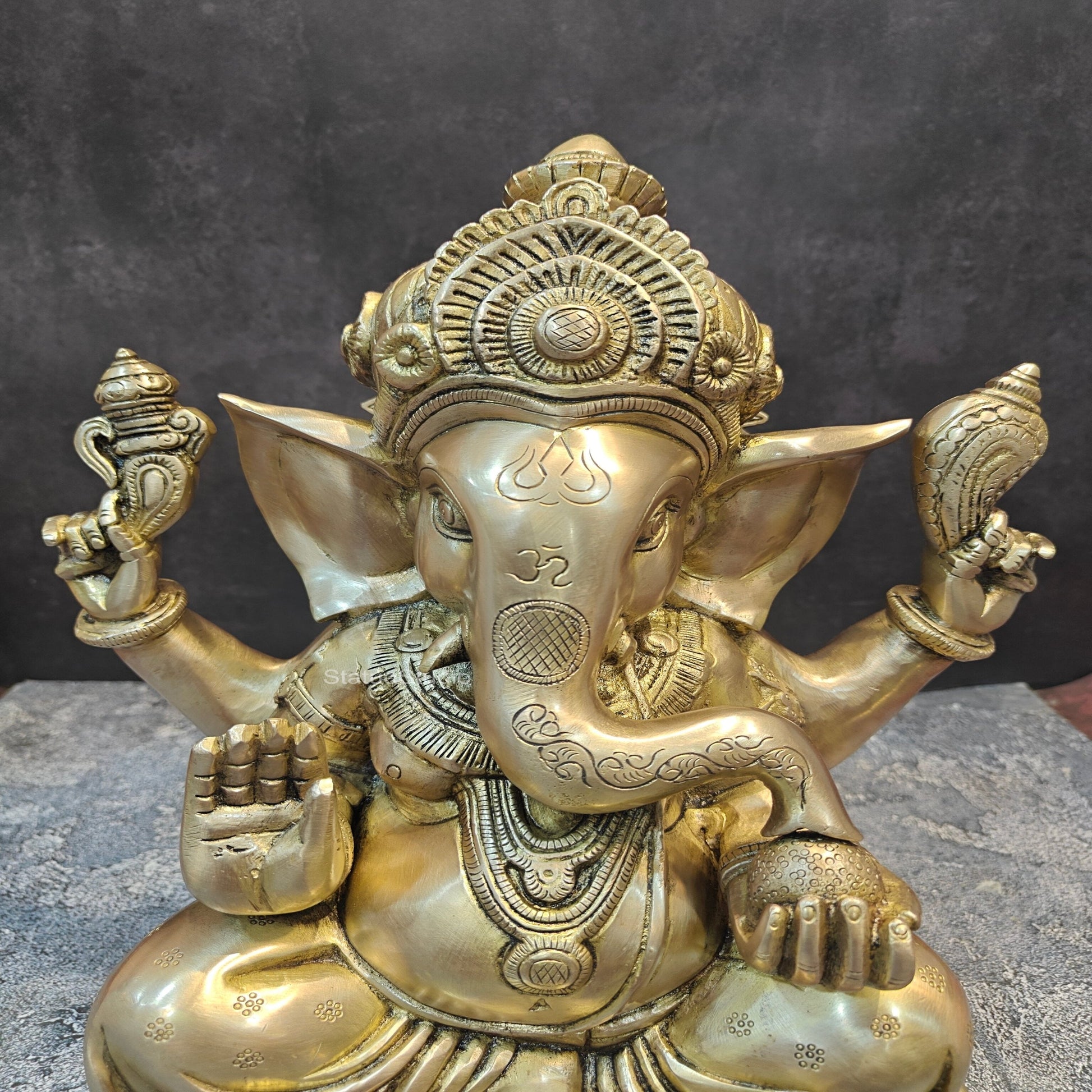 Brass Ganesha Idol Sitting on Base Handcrafted 16 Inches - Image 7