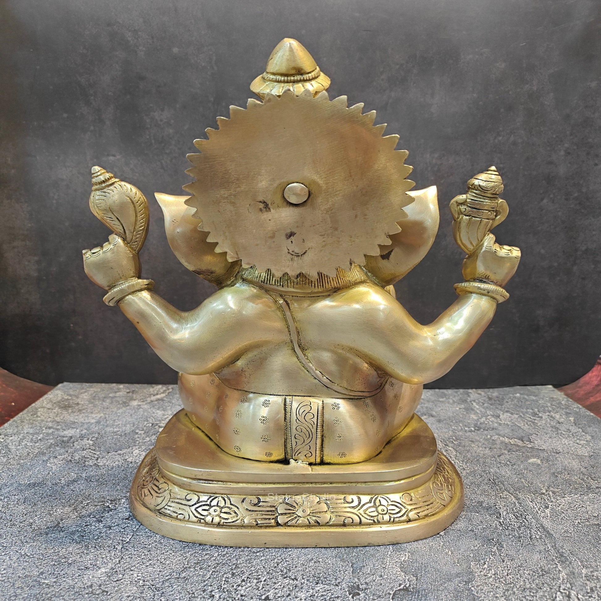 Brass Ganesha Idol Sitting on Base Handcrafted 16 Inches - Image 9