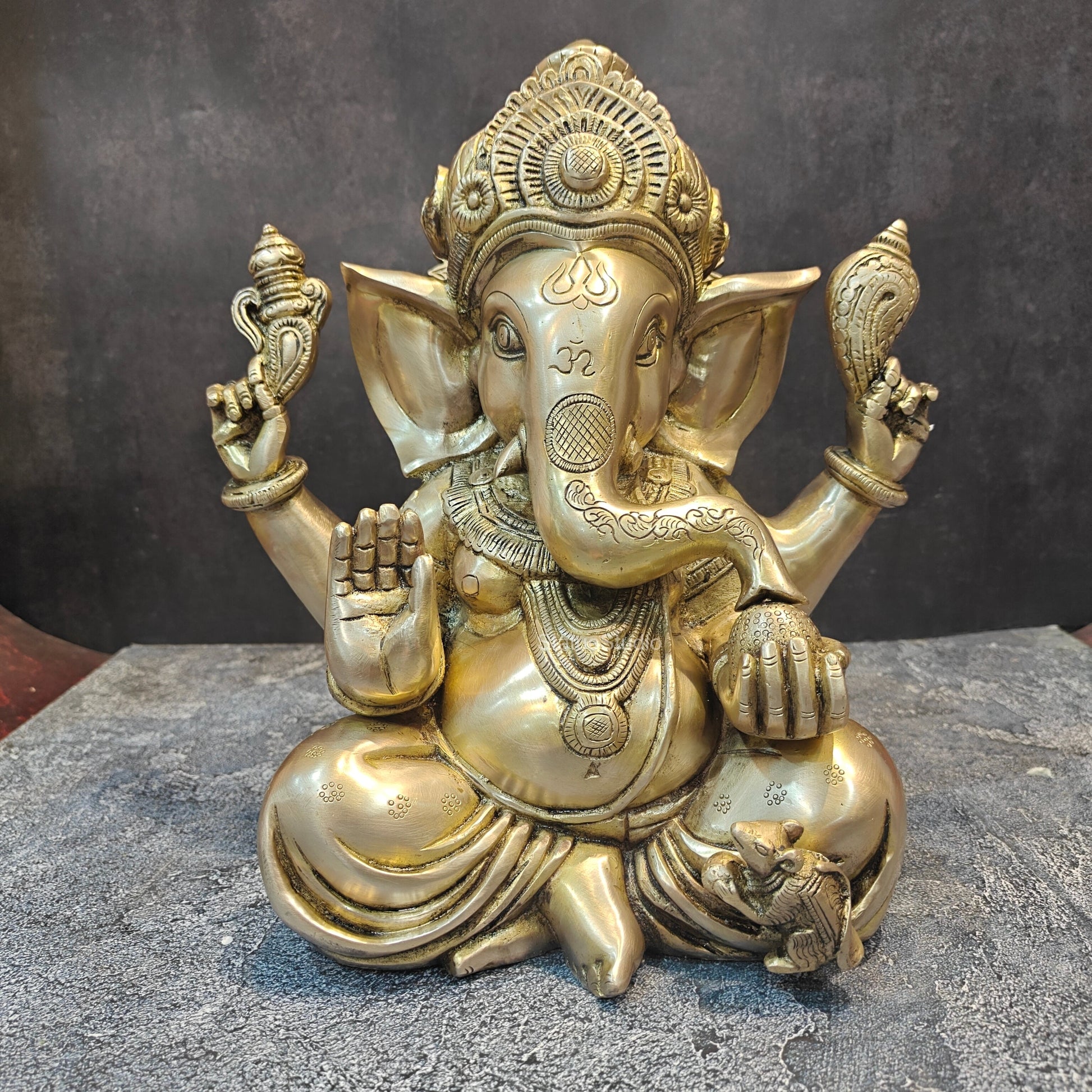 Handcrafted Brass Sitting Ganesha Statue 1 Feet - Image 5