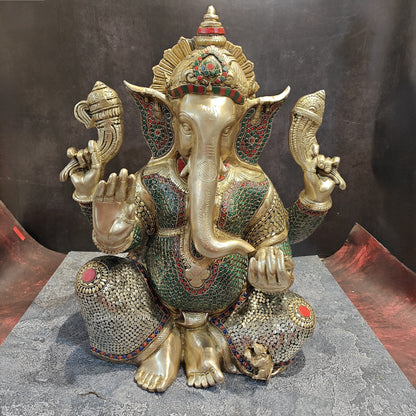 Elegant Brass Ganesha Statue With Stone Work 20 Inches by vendor-unknown - Hindu Gods (View 4)