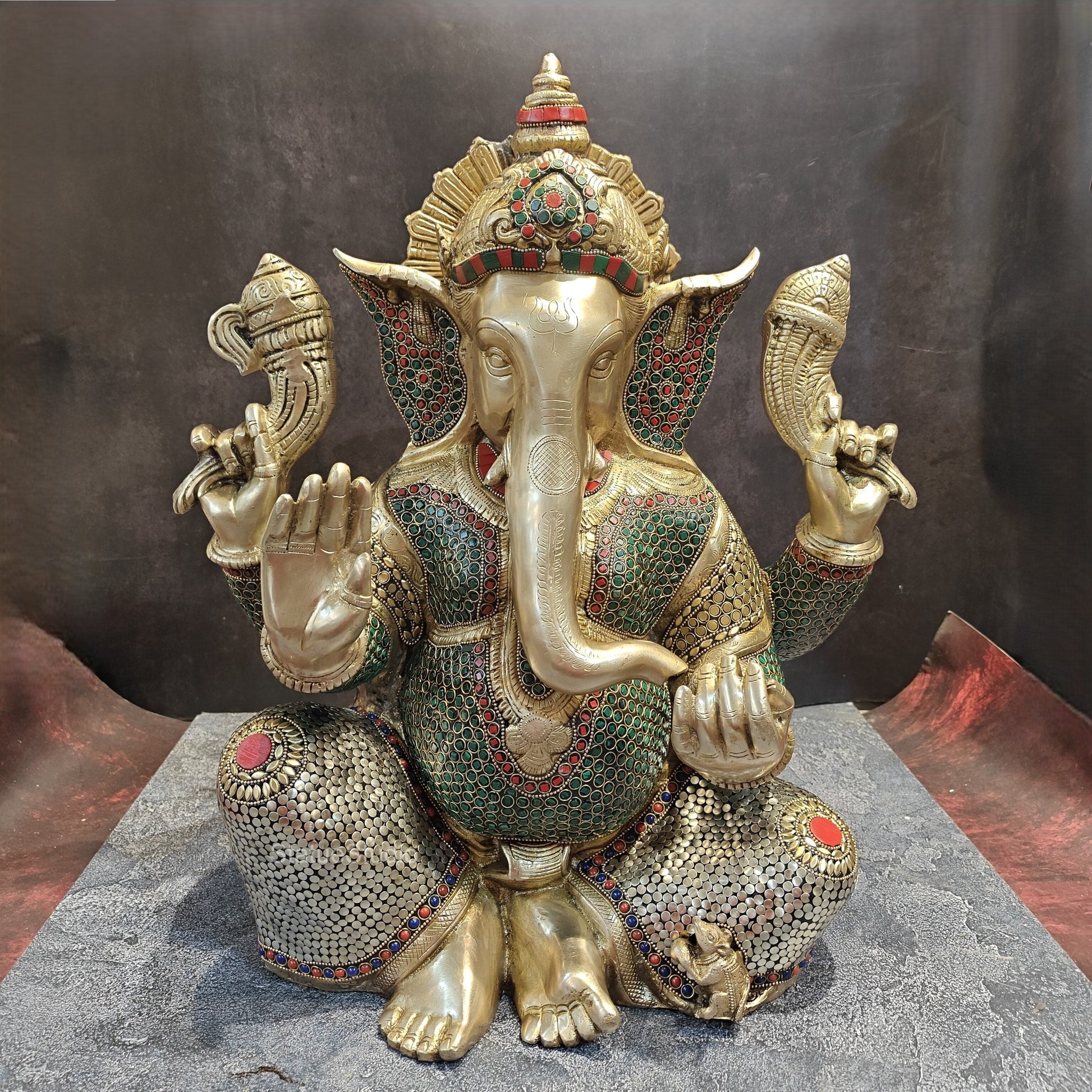 Elegant Brass Ganesha Statue With Stone Work 20 Inches - Image 5
