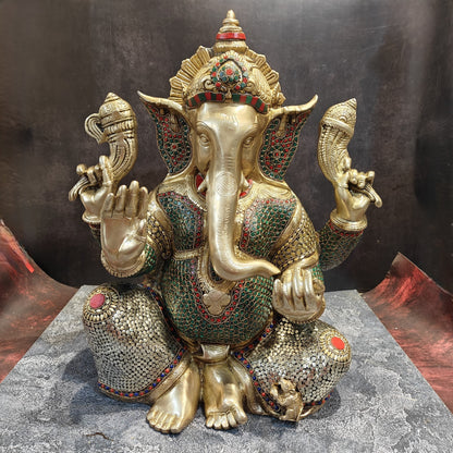 Elegant Brass Ganesha Statue With Stone Work 20 Inches by vendor-unknown - Hindu Gods (View 6)