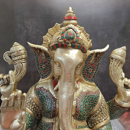 Elegant Brass Ganesha Statue With Stone Work 20 Inches by vendor-unknown - Hindu Gods (View 7)