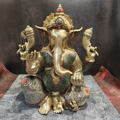 Elegant Brass Ganesha Statue With Stone Work 20 Inches by vendor-unknown - Hindu Gods (View 3)