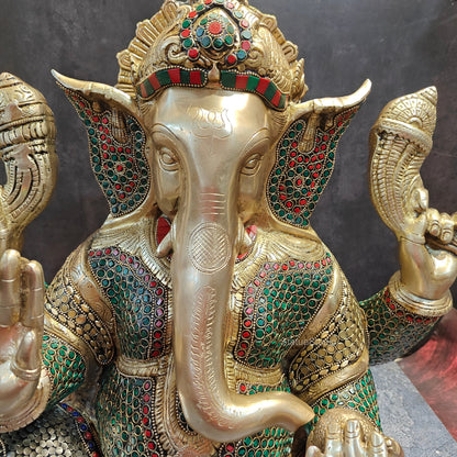 Elegant Brass Ganesha Statue With Stone Work 20 Inches by vendor-unknown - Hindu Gods (View 2)