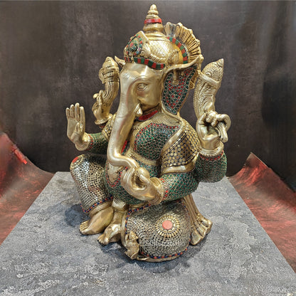 Elegant Brass Ganesha Statue With Stone Work 20 Inches by vendor-unknown - Hindu Gods (View 8)