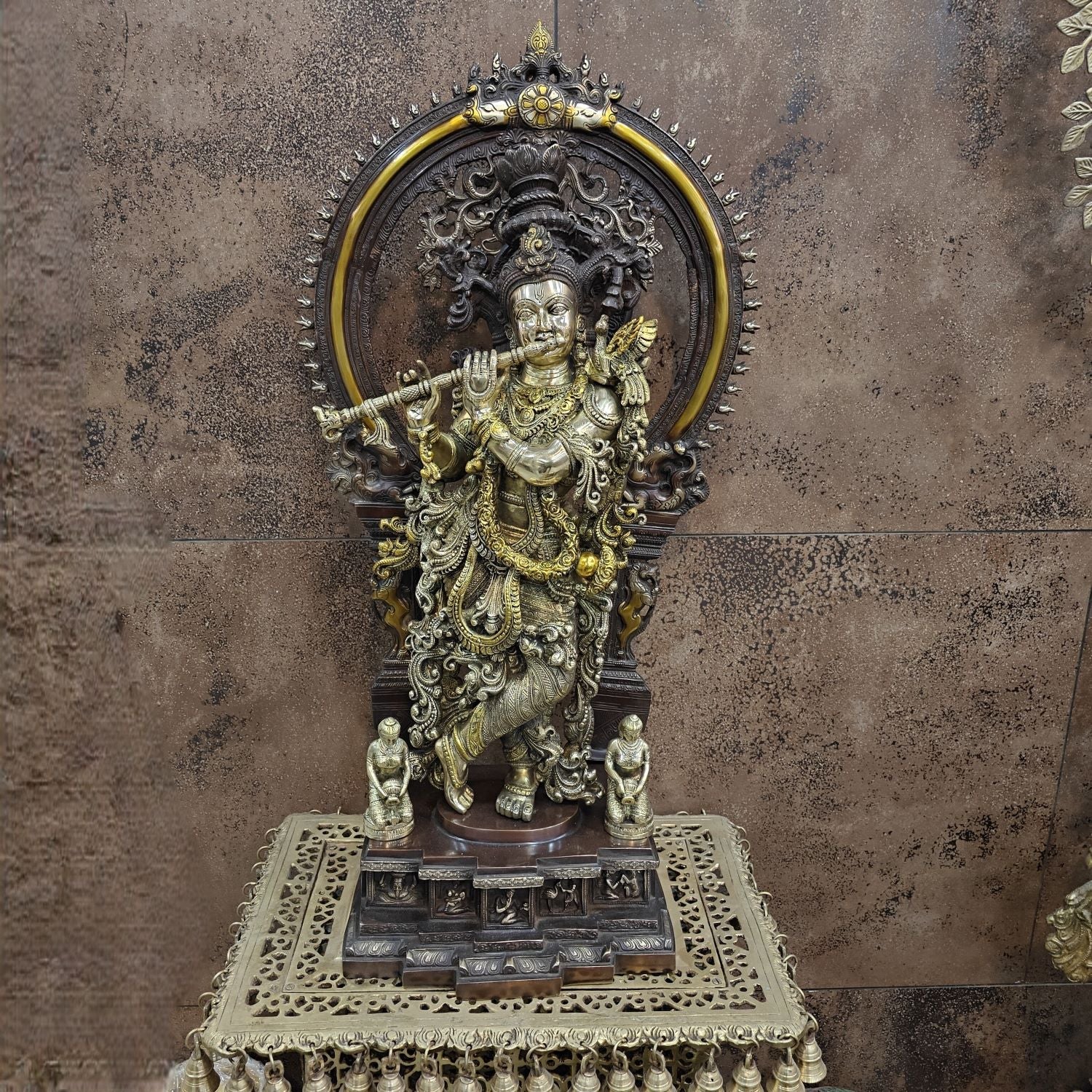 Brass Krishna Statue with Arch Antique Finish 32 Inches - Image 3