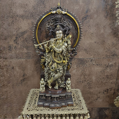 Brass Krishna Statue with Arch Antique Finish 32 Inches by vendor-unknown - Hindu Gods (View 3)