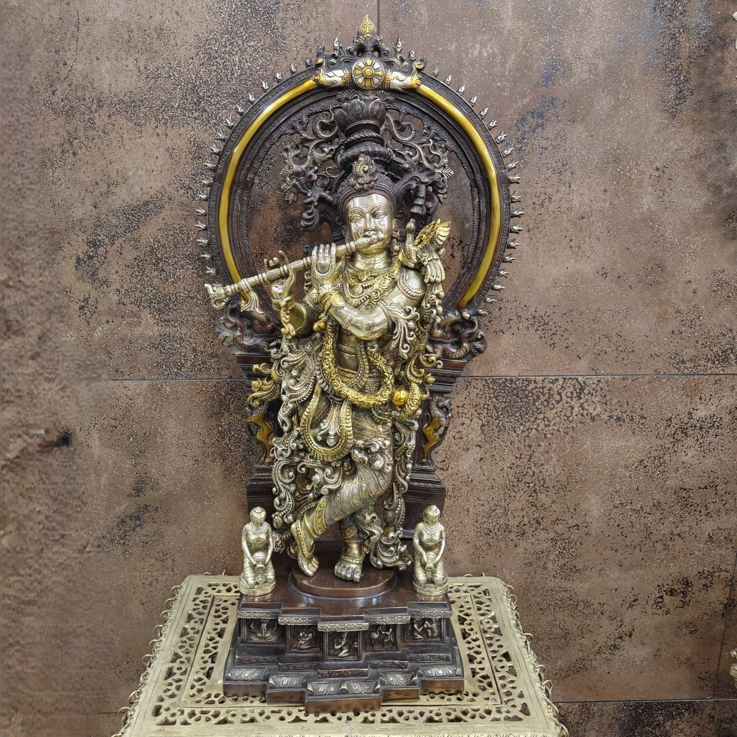 Brass Krishna Statue with Arch Antique Finish 32 Inches