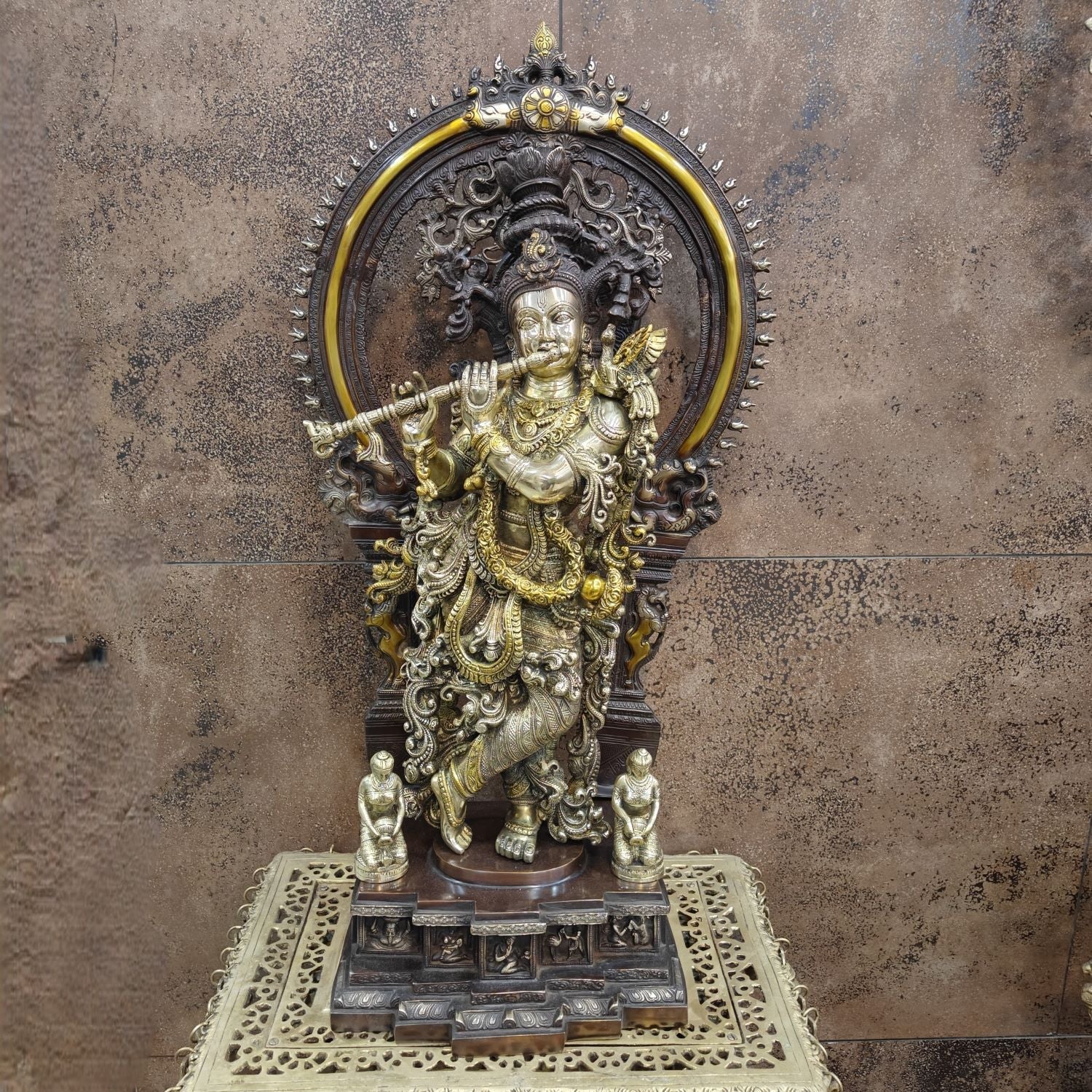 Brass Krishna Statue with Arch Antique Finish 32 Inches - Image 5
