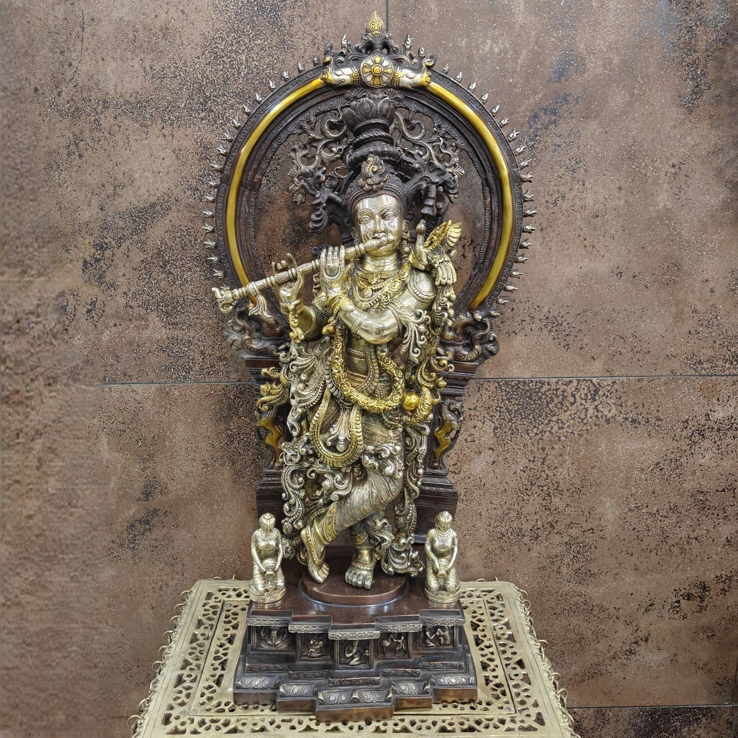 Brass Krishna Statue with Arch Antique Finish 32 Inches