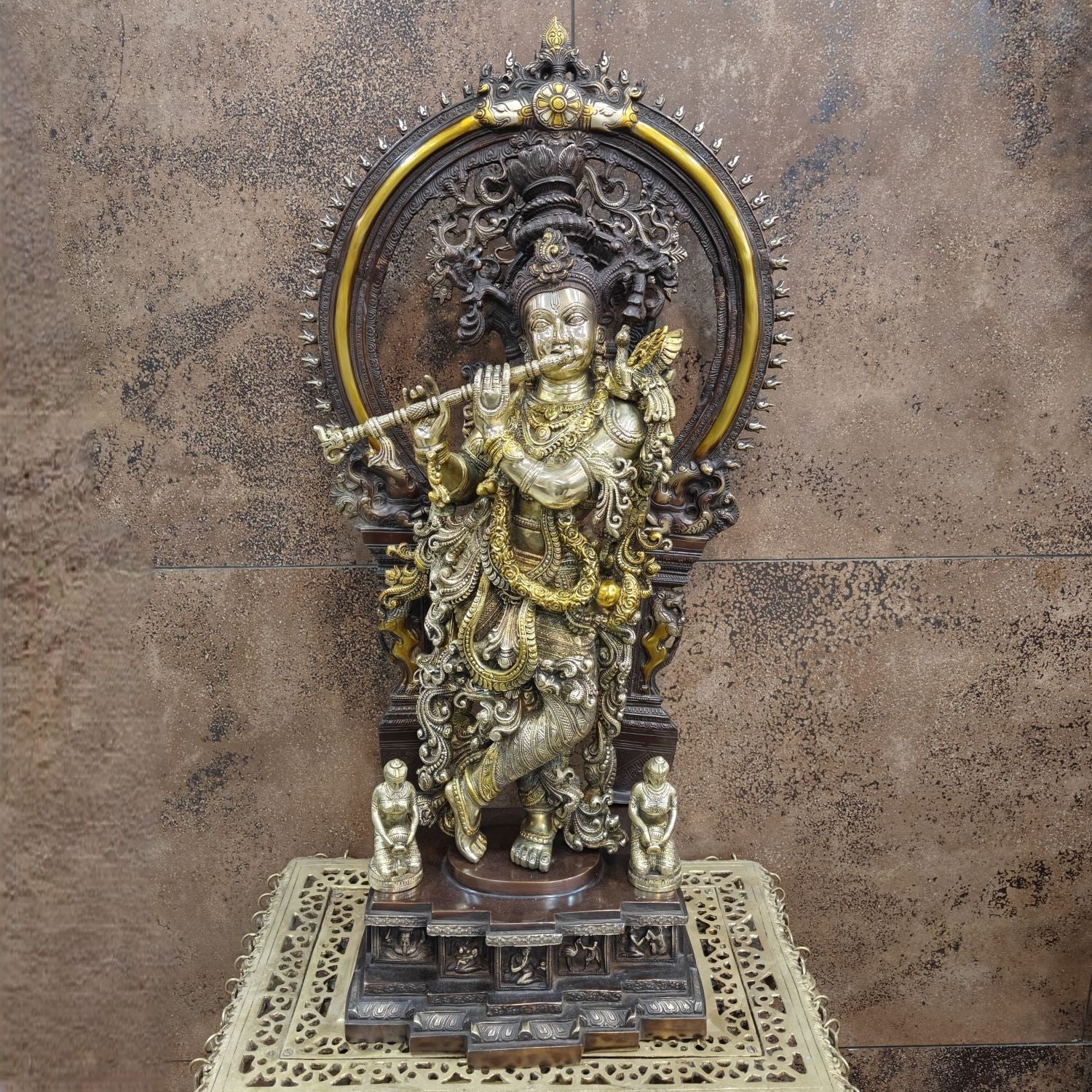 Brass Krishna Statue with Arch Antique Finish 32 Inches - Image 7