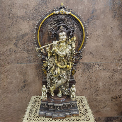 Brass Krishna Statue with Arch Antique Finish 32 Inches by vendor-unknown - Hindu Gods (View 7)
