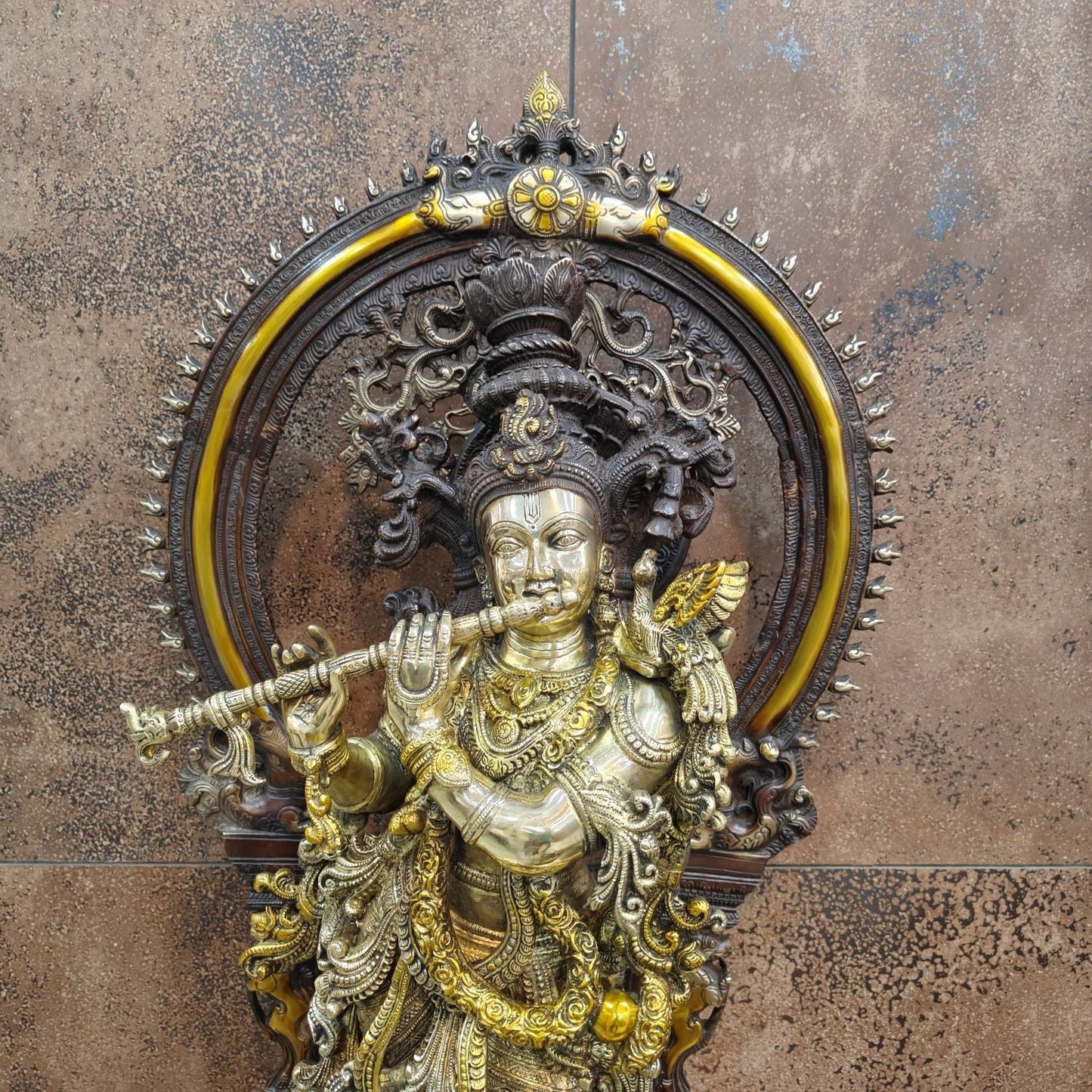 Brass Krishna Statue with Arch Antique Finish 32 Inches