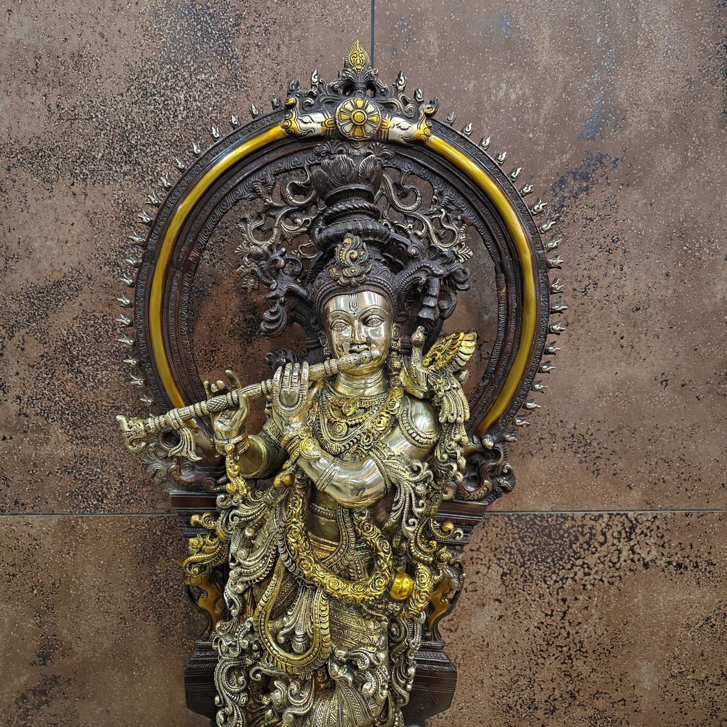 Brass Krishna Statue with Arch Antique Finish 32 Inches - Image 2