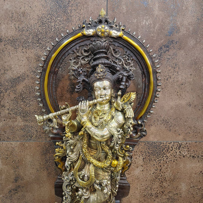 Brass Krishna Statue with Arch Antique Finish 32 Inches by vendor-unknown - Hindu Gods (View 6)
