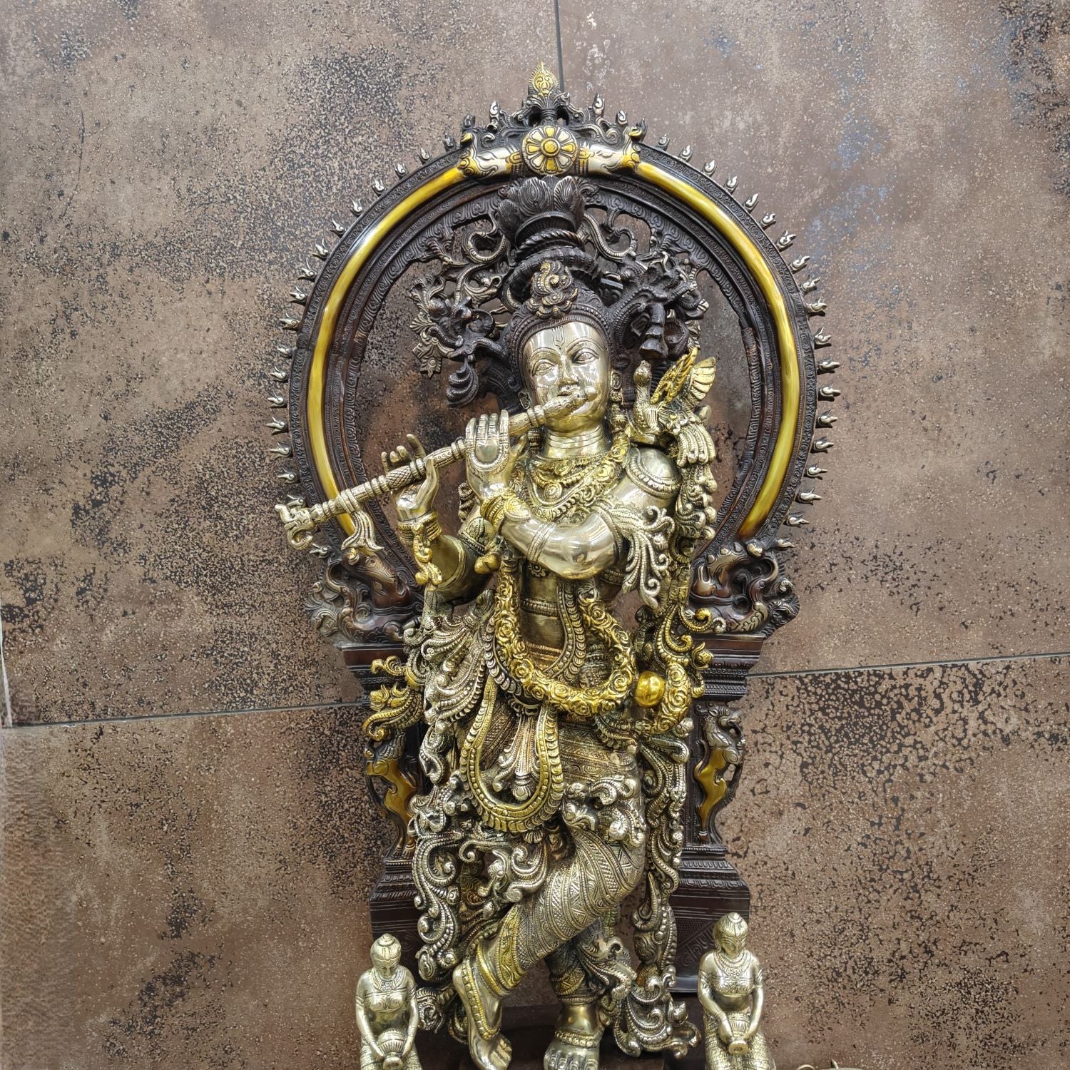 Brass Krishna Statue with Arch Antique Finish 32 Inches - Image 8