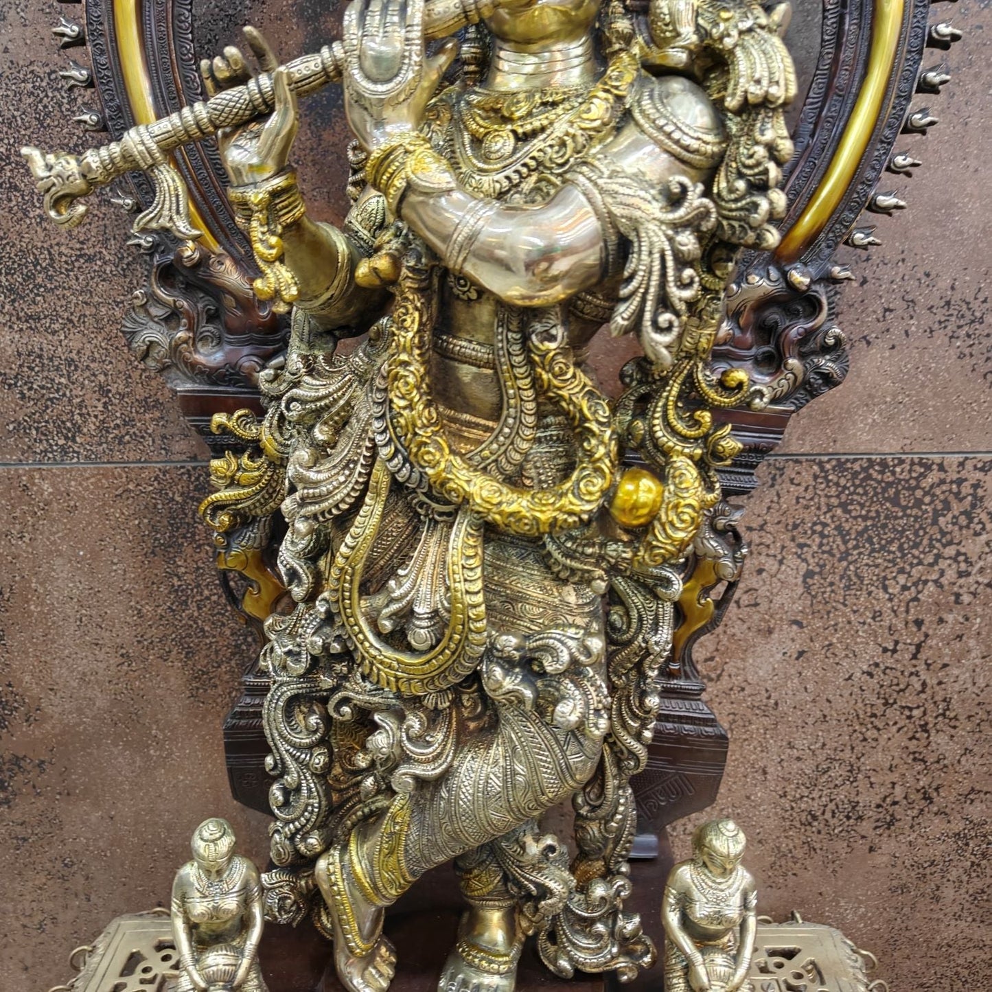 Brass Krishna Statue with Arch Antique Finish 32 Inches