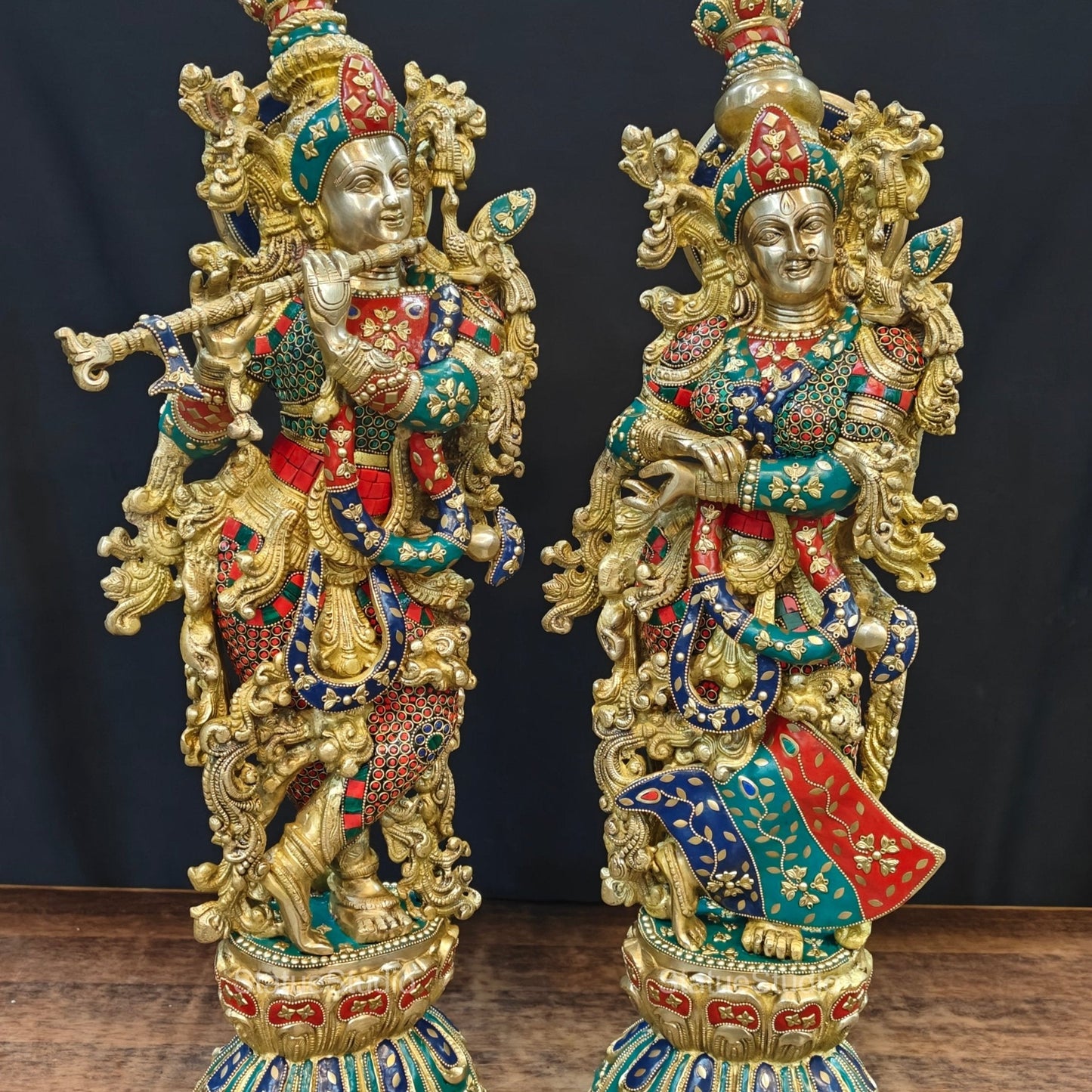 Brass Radha Krishna Idols with Meenakari jewel work - 29" Tall