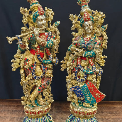 Brass Radha Krishna Idols with Meenakari jewel work - 29" Tall by vendor-unknown - Hindu Gods (View 2)