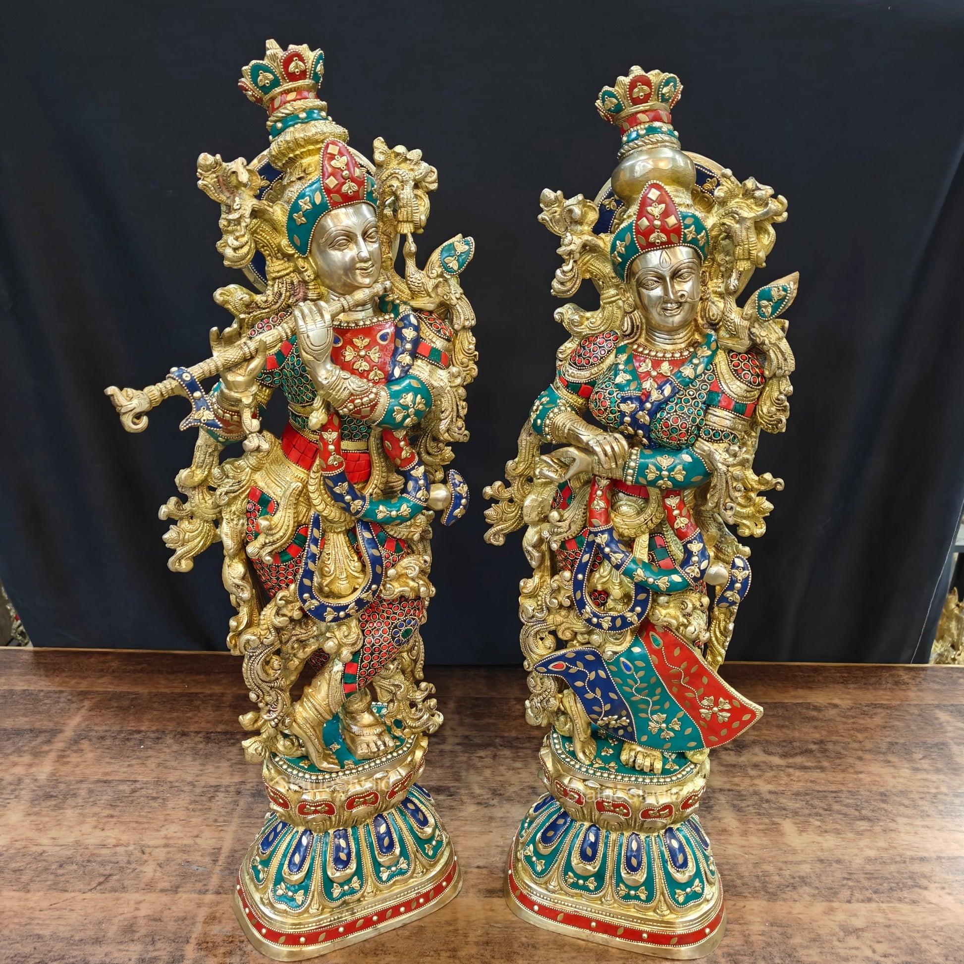 Brass Radha Krishna Idols with Meenakari jewel work - 29" Tall - Image 3