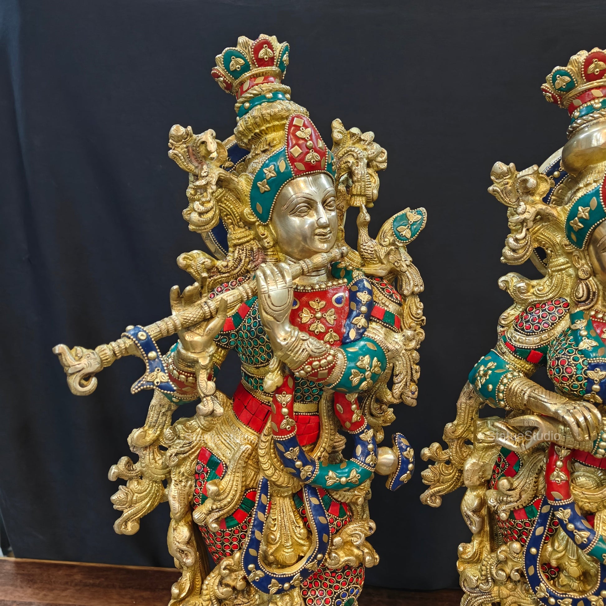 Brass Radha Krishna Idols with Meenakari jewel work - 29" Tall - Image 4