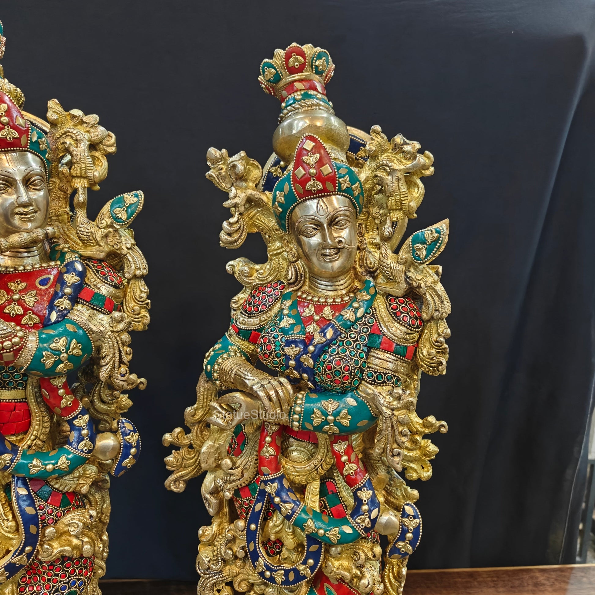 Brass Radha Krishna Idols with Meenakari jewel work - 29" Tall - Image 5