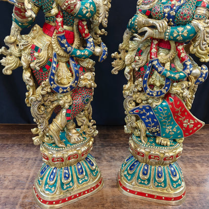 Brass Radha Krishna Idols with Meenakari jewel work - 29" Tall by vendor-unknown - Hindu Gods (View 6)