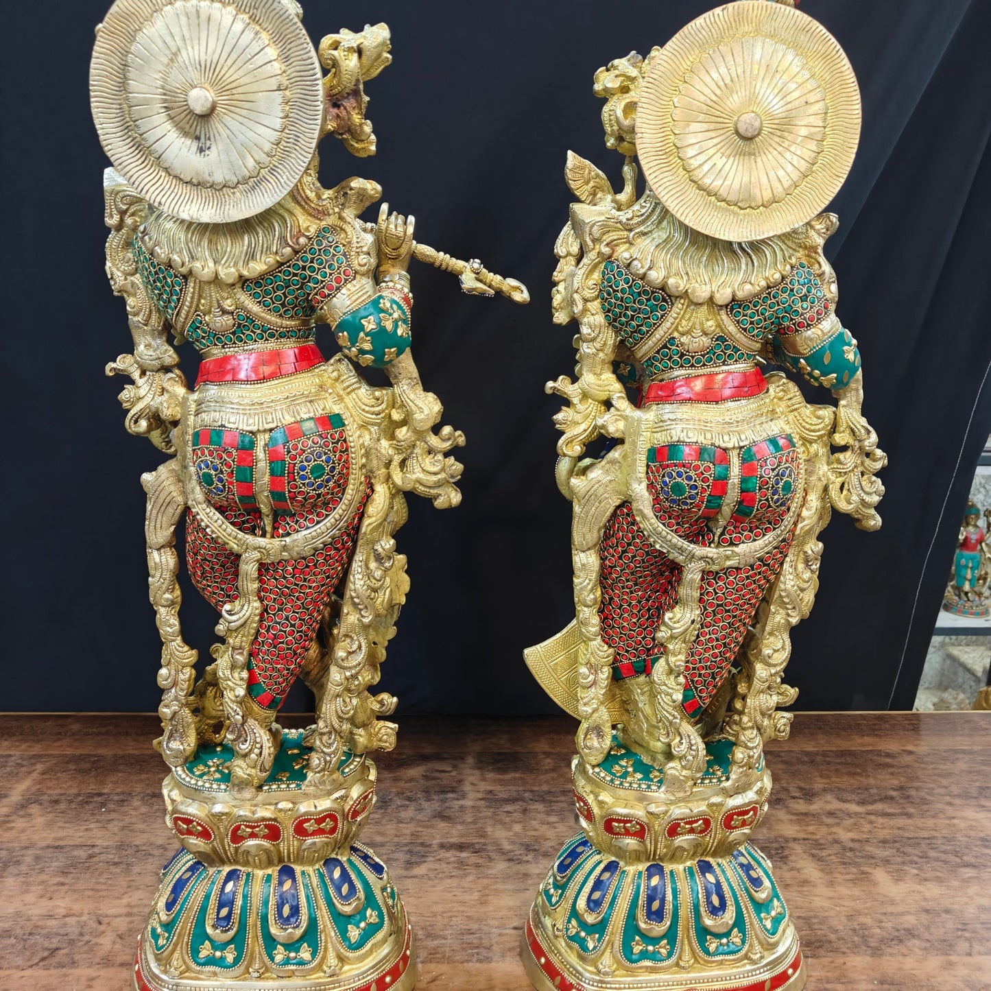Brass Radha Krishna Idols with Meenakari jewel work - 29" Tall