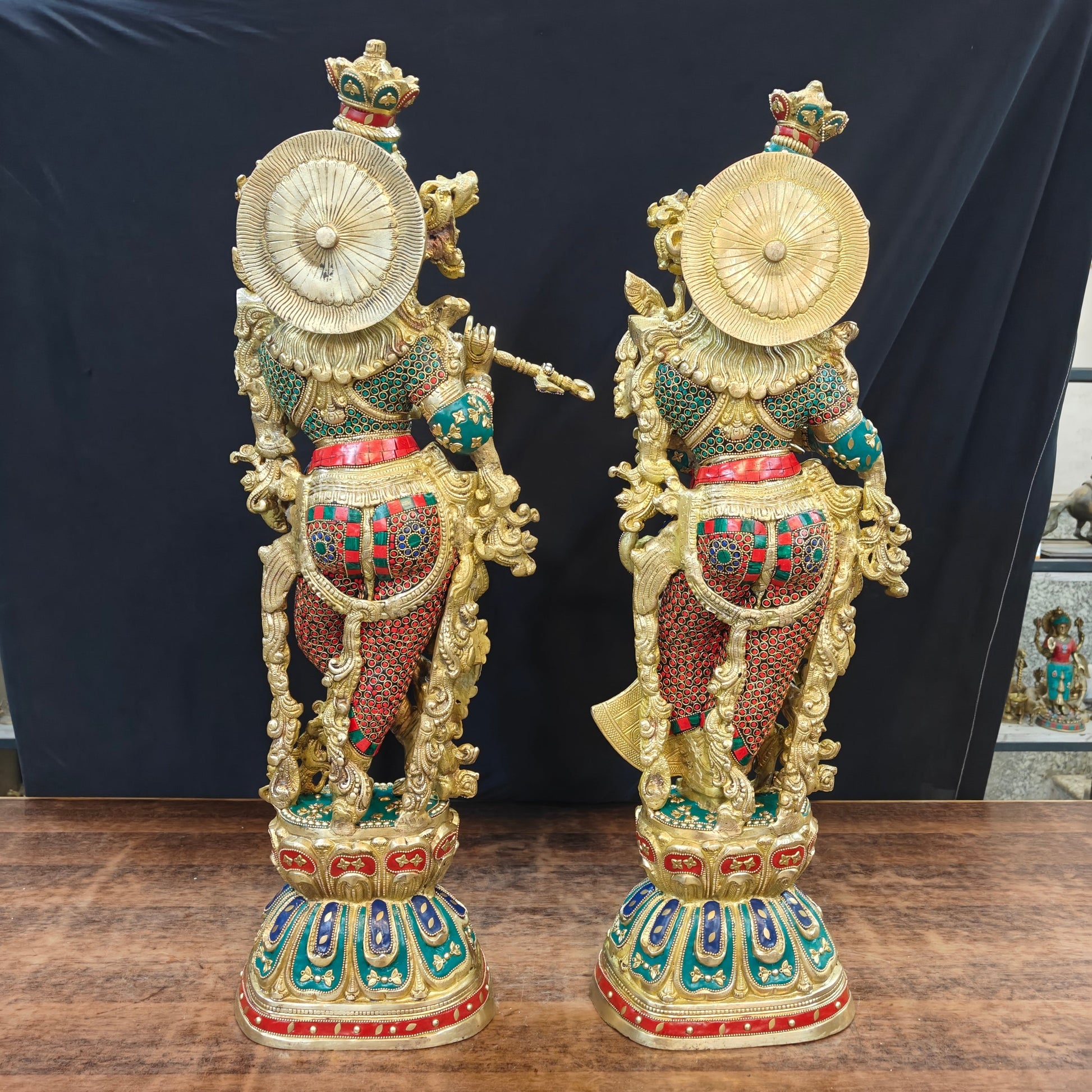 Brass Radha Krishna Idols with Meenakari jewel work - 29" Tall - Image 8