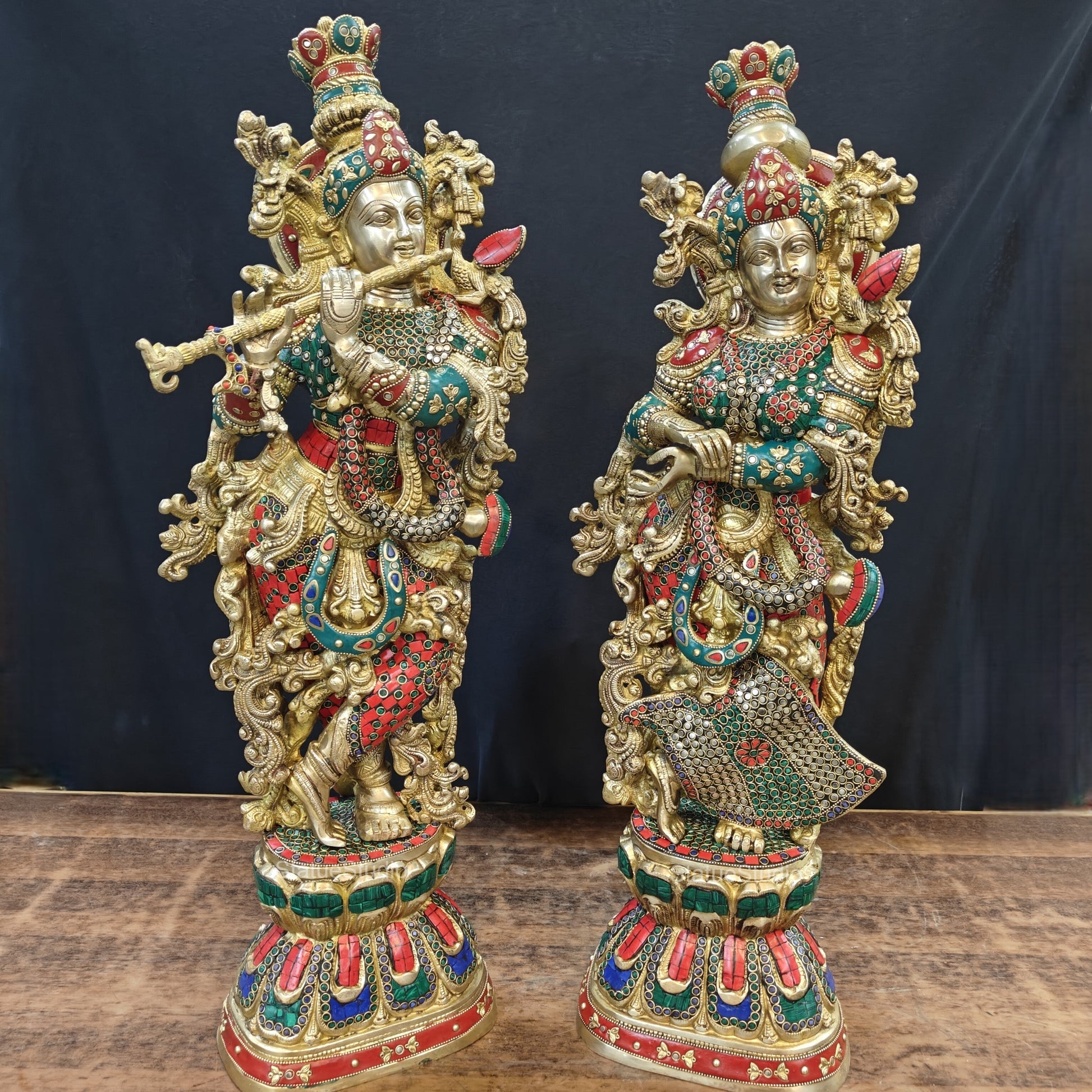 Brass Radha Krishna Idols with Stone Work 29 Inches Tall - Image 2