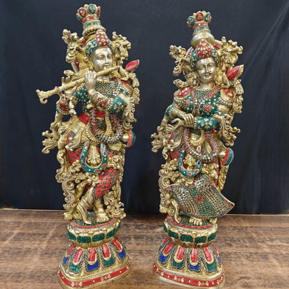 Brass Radha Krishna Idols with Stone Work 29 Inches Tall by vendor-unknown - Hindu Gods (View 2)