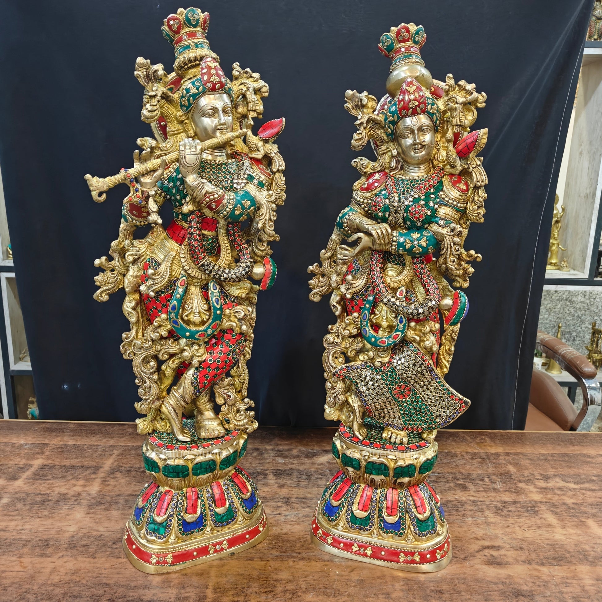 Brass Radha Krishna Idols with Stone Work 29 Inches Tall - Image 3