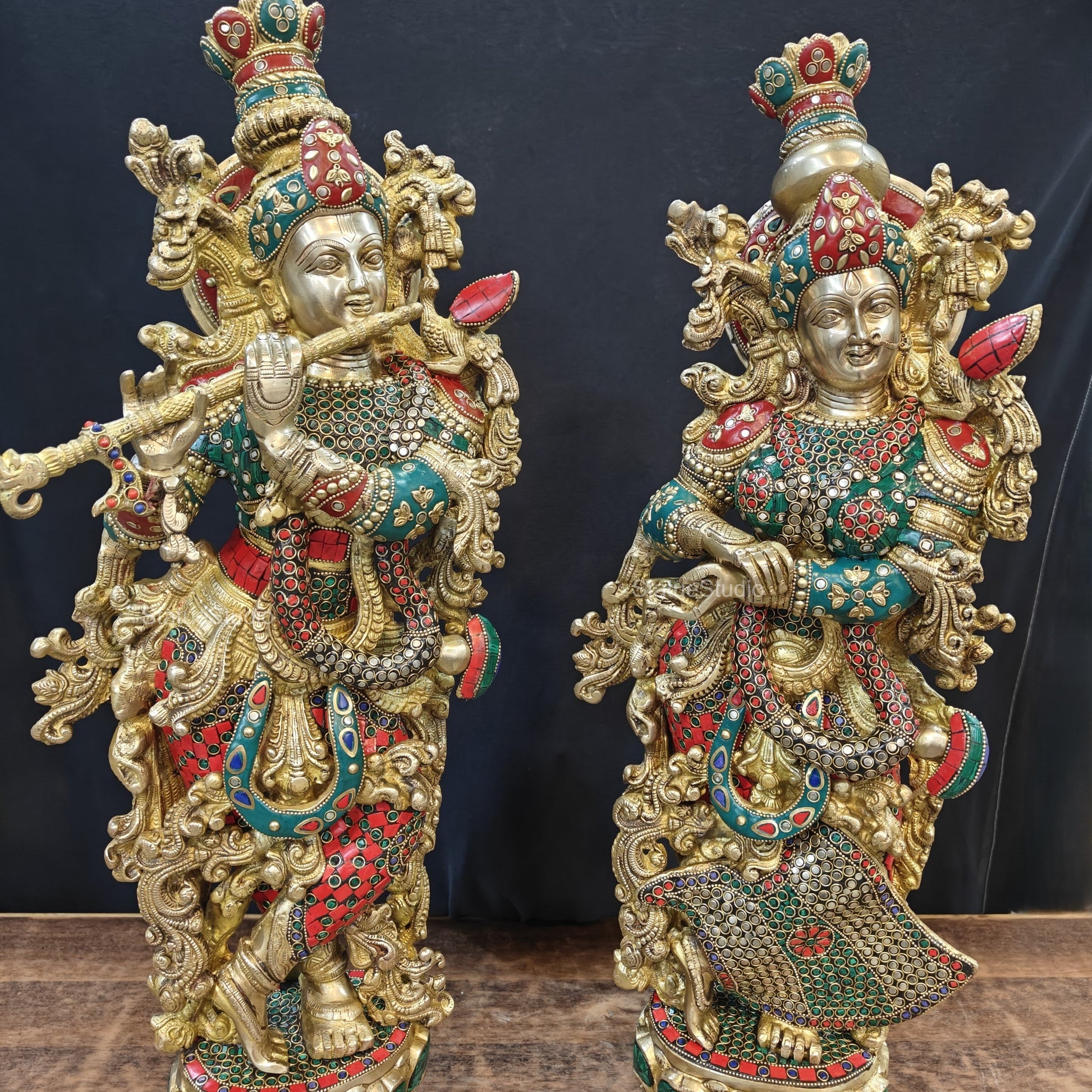 Brass Radha Krishna Idols with Stone Work 29 Inches Tall - Image 4