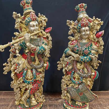 Brass Radha Krishna Idols with Stone Work 29 Inches Tall by vendor-unknown - Hindu Gods (View 4)