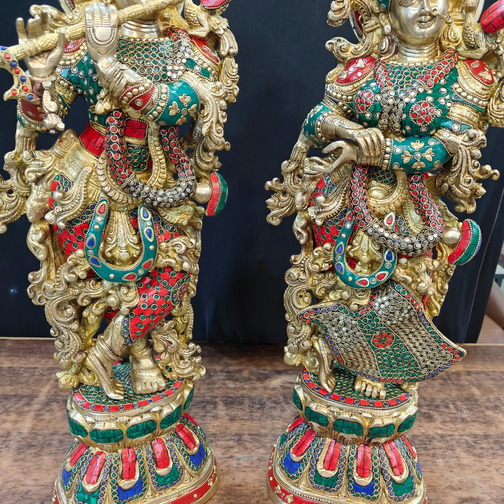 Brass Radha Krishna Idols with Stone Work 29 Inches Tall - Image 5