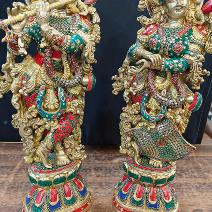 Brass Radha Krishna Idols with Stone Work 29 Inches Tall by vendor-unknown - Hindu Gods (View 5)