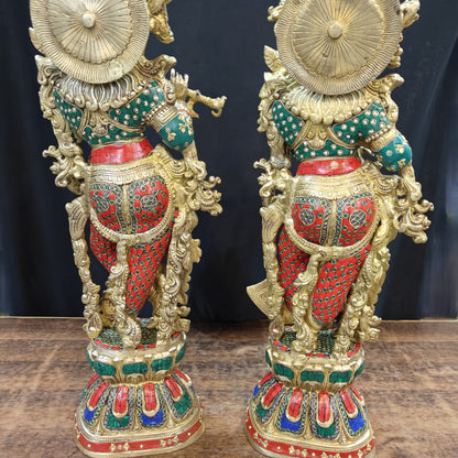 Brass Radha Krishna Idols with Stone Work 29 Inches Tall by vendor-unknown - Hindu Gods (View 7)