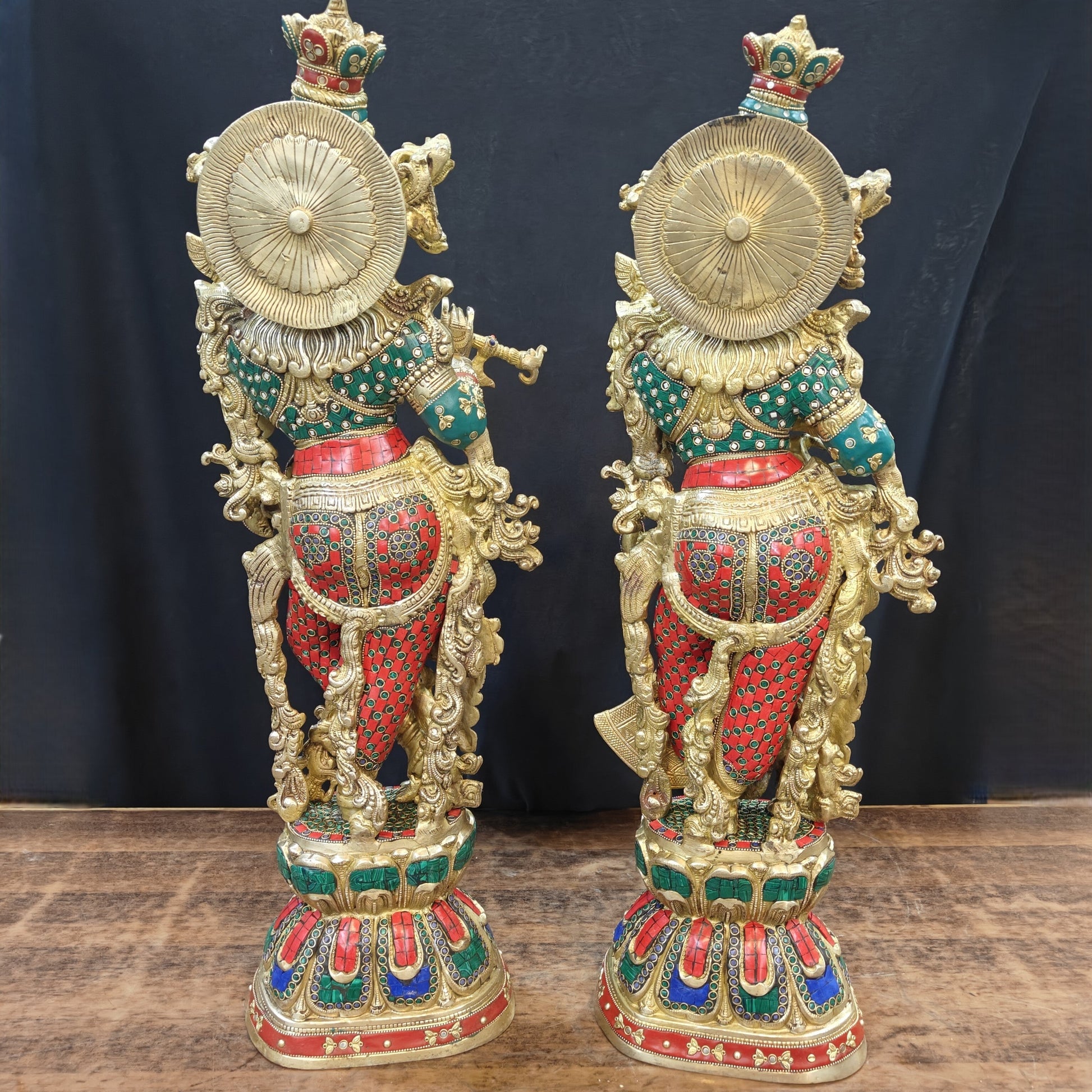Brass Radha Krishna Idols with Stone Work 29 Inches Tall - Image 8