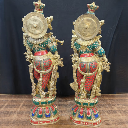 Brass Radha Krishna Idols with Stone Work 29 Inches Tall by vendor-unknown - Hindu Gods (View 8)