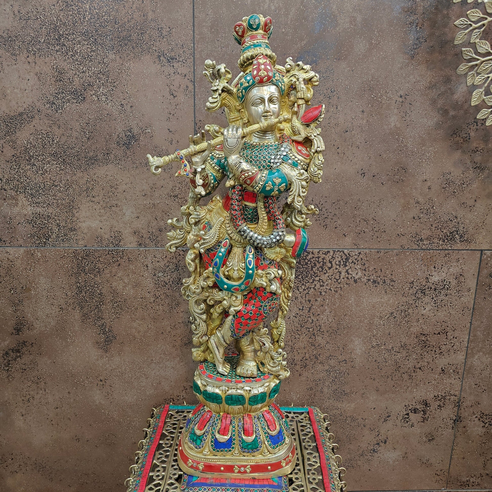 Divine Brass Krishna Statue with Stone Work 29 Inch - Eco-friendly - Sama Homes