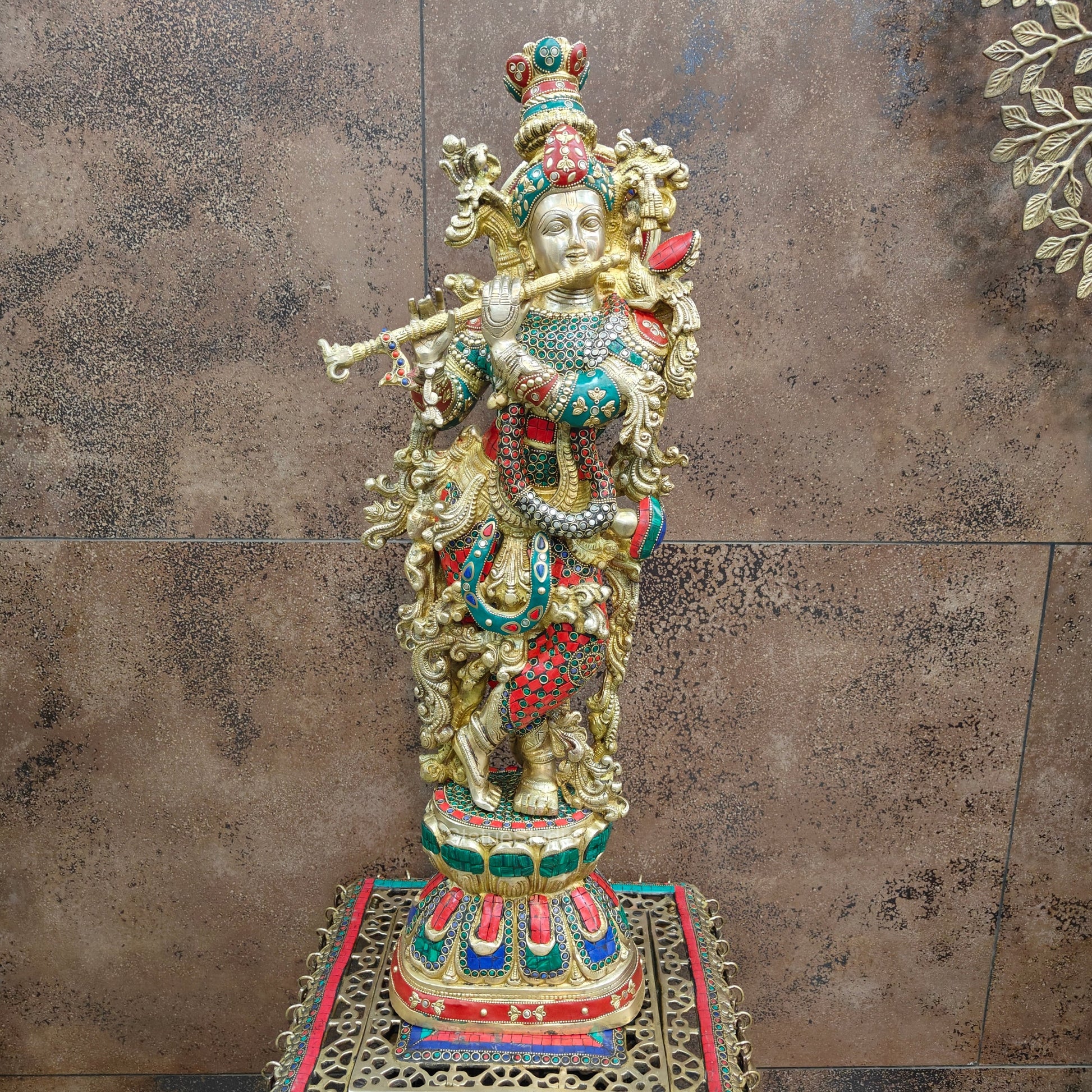Divine Brass Krishna Statue with Stone Work 29 Inch - Image 5