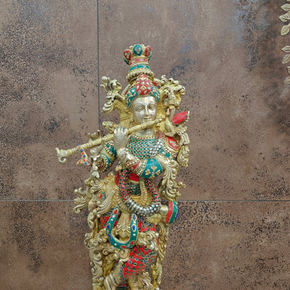 Divine Brass Krishna Statue with Stone Work 29 Inch by vendor-unknown - Hindu Gods (View 3)