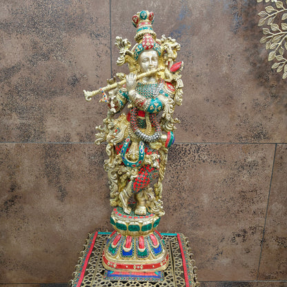 Divine Brass Krishna Statue with Stone Work 29 Inch by vendor-unknown - Hindu Gods (View 4)