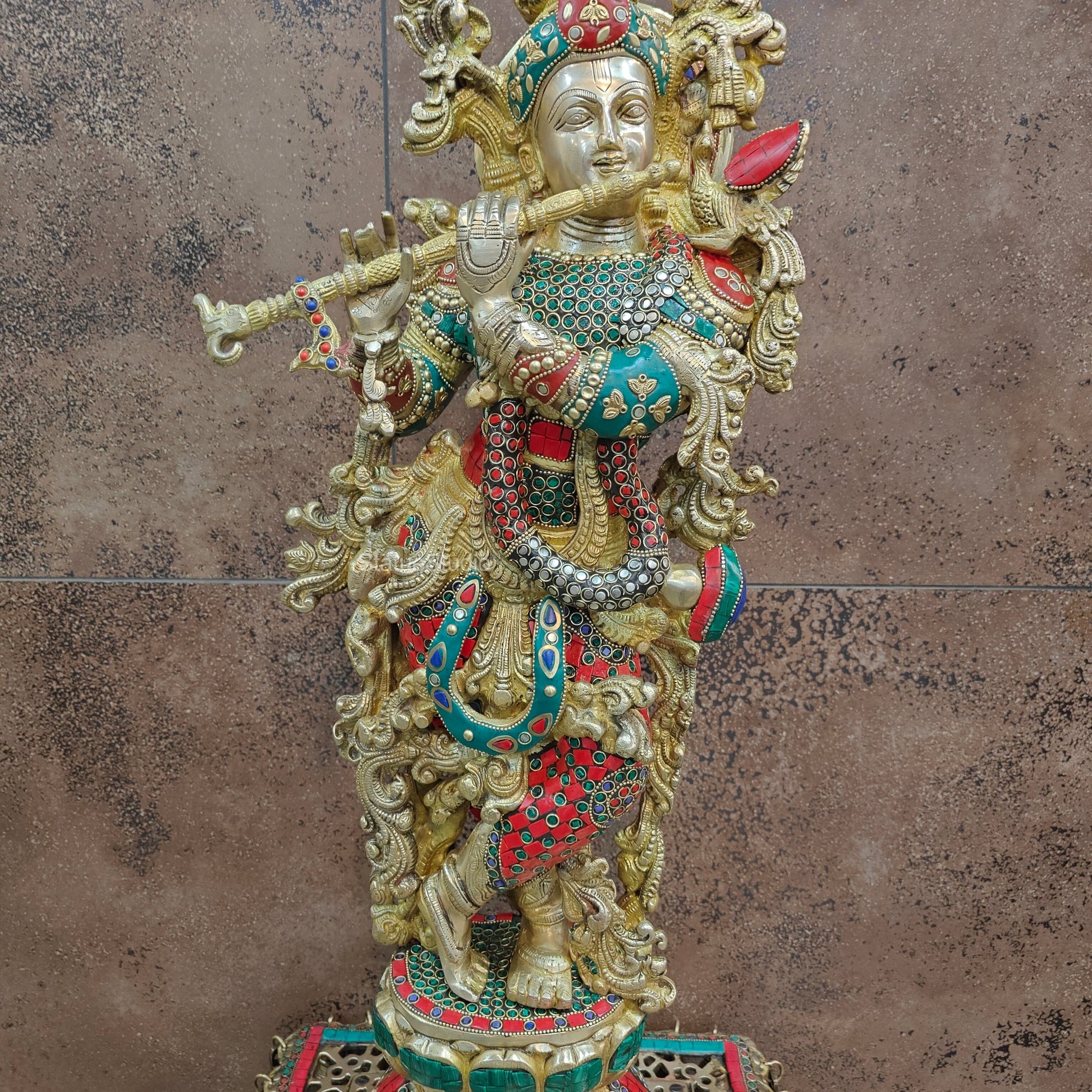 Divine Brass Krishna Statue with Stone Work 29 Inch - Image 6