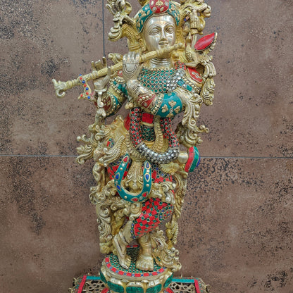 Divine Brass Krishna Statue with Stone Work 29 Inch by vendor-unknown - Hindu Gods (View 6)