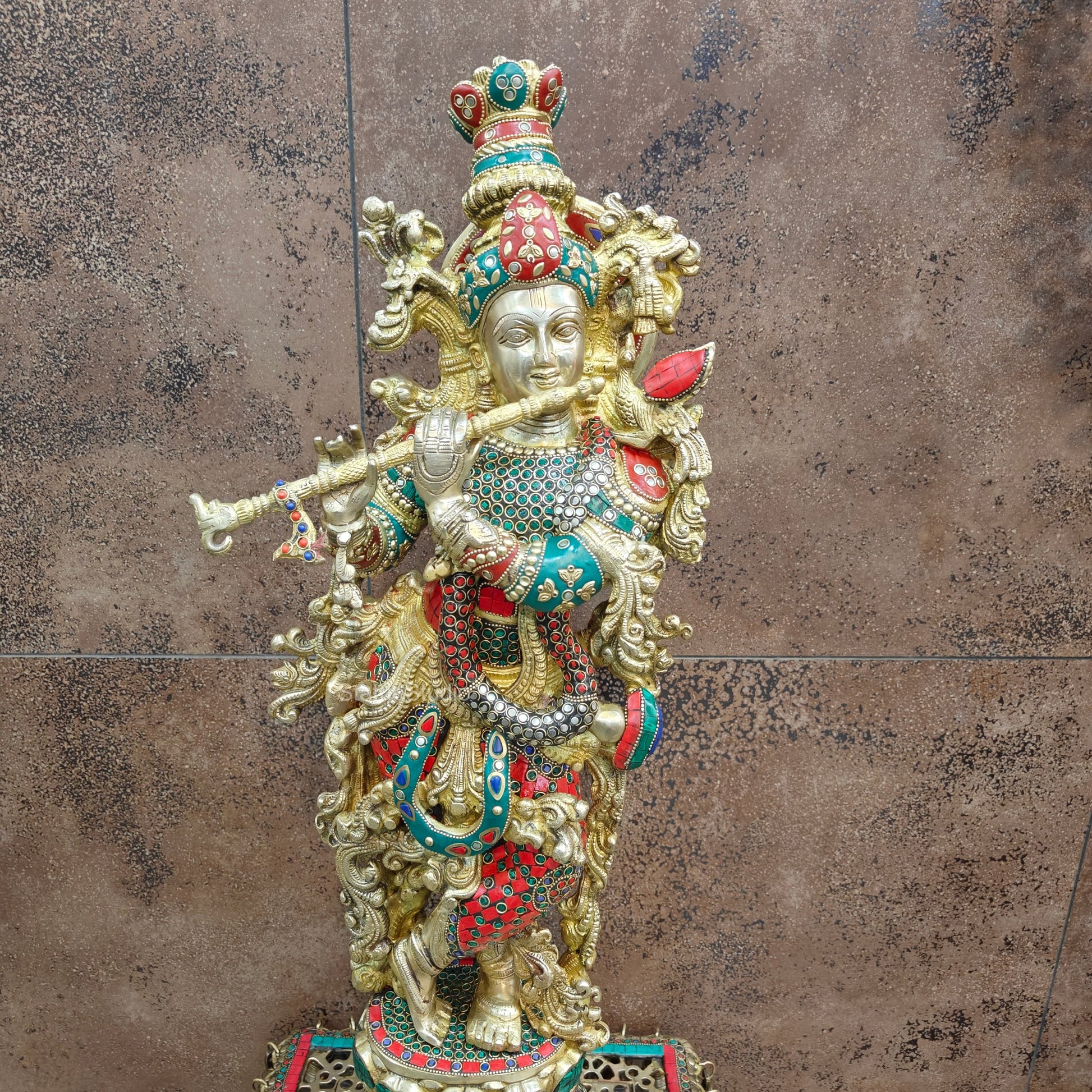 Divine Brass Krishna Statue with Stone Work 29 Inch - Image 2