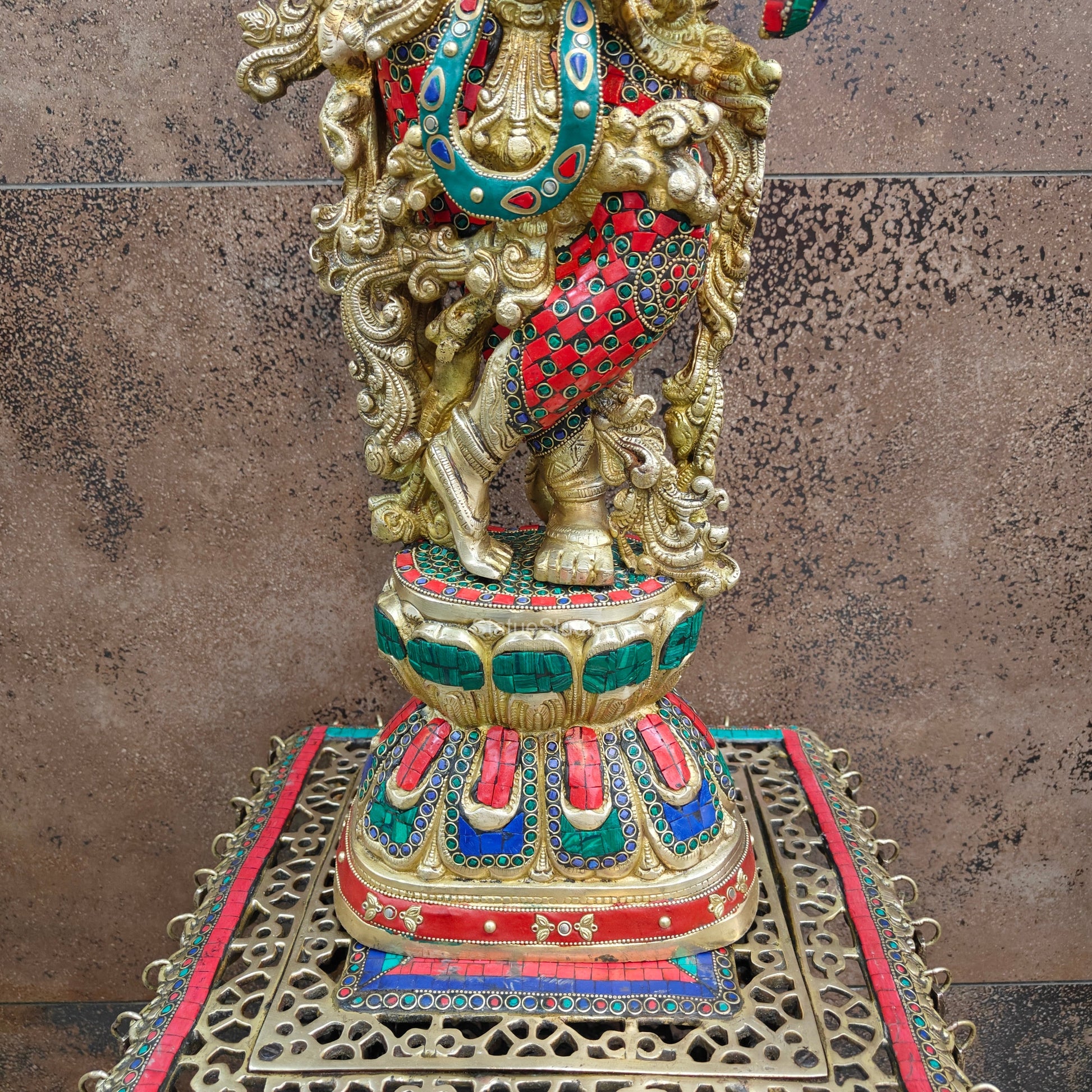 Divine Brass Krishna Statue with Stone Work 29 Inch - Image 7